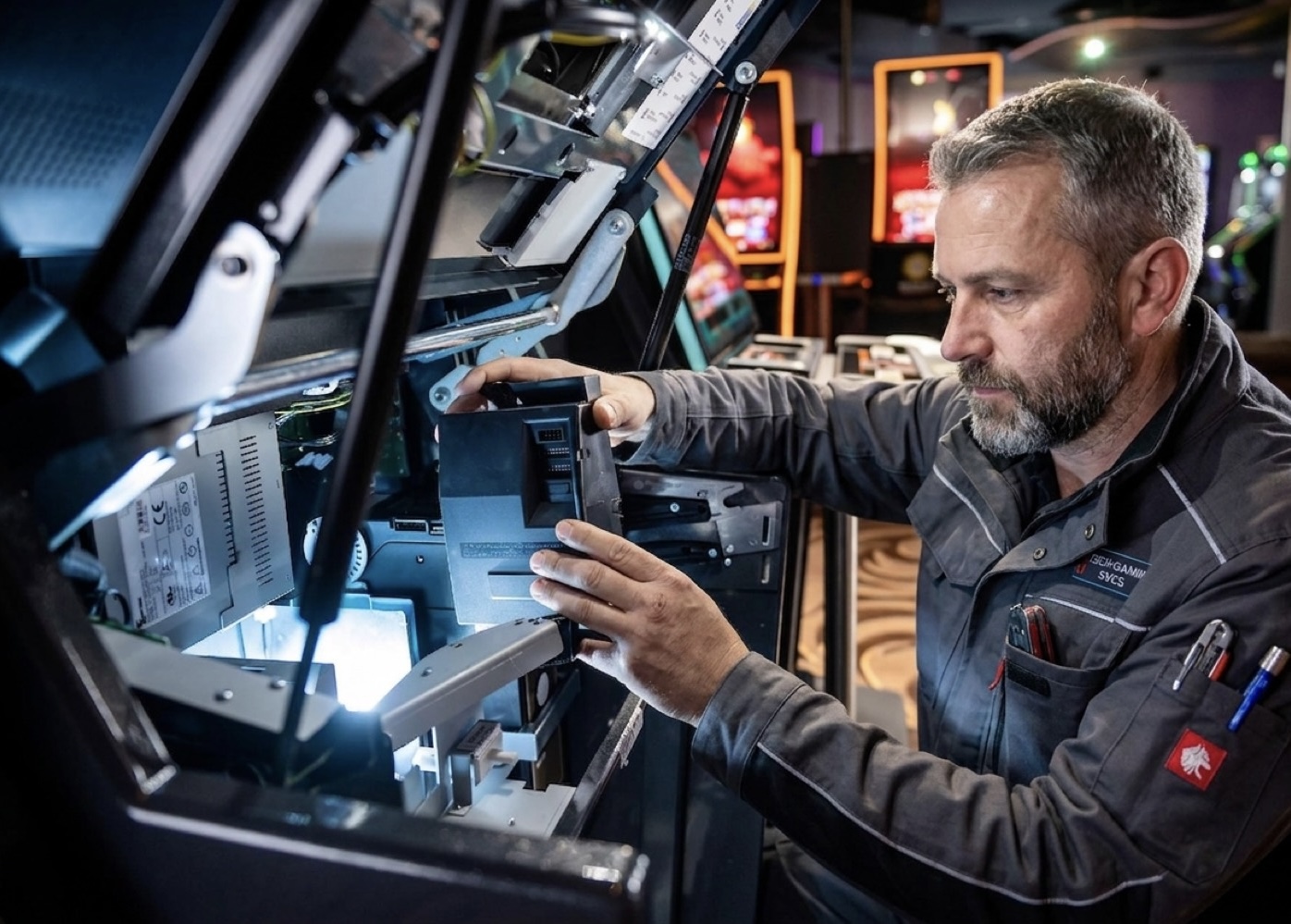 Servicetechniker von MR Automaten repariert ein Geldspielgerät vor Ort
